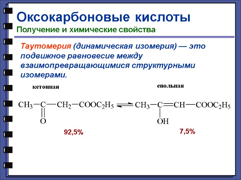 Оксокарбоновые кислоты Получение и химические свойства Таутомерия (динамическая изомерия) — это подвижное равновесие между